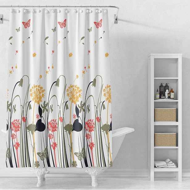 AQUALINE - Sprchový závěs 180x180cm, PEVA, bílá, barevné kytky ZV038