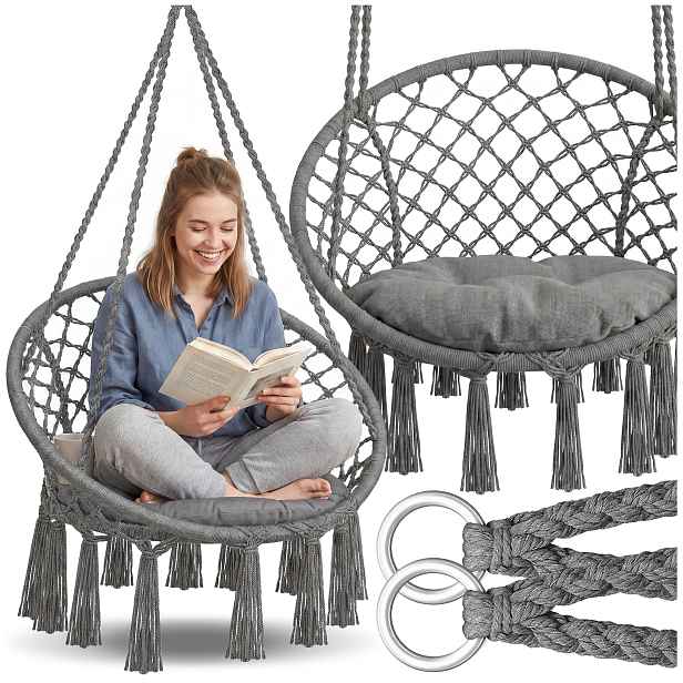 TEMU Závěsné macramé bohémské houpací křeslo s nosností až 150 kg, silná šedá barva + sedák. Designové závěsné křeslo v bohémském stylu do obývacího