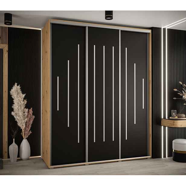Šatní skříň YVONA 12 - 200/60 cm, dub artisan / černá / stříbrná