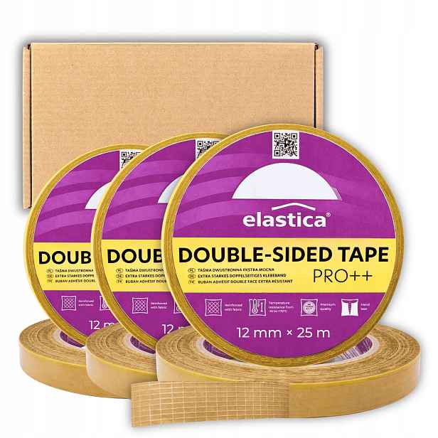 Karton 96 Kusů Oboustranná páska Úzká Pet 12 mm x 25 m Elastica Pro++ Silná