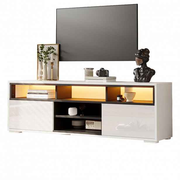 STILVORA TV STOLEK bílý s LED a otevřenými policemi, pro TV 65 palců, 150×35×50 cm