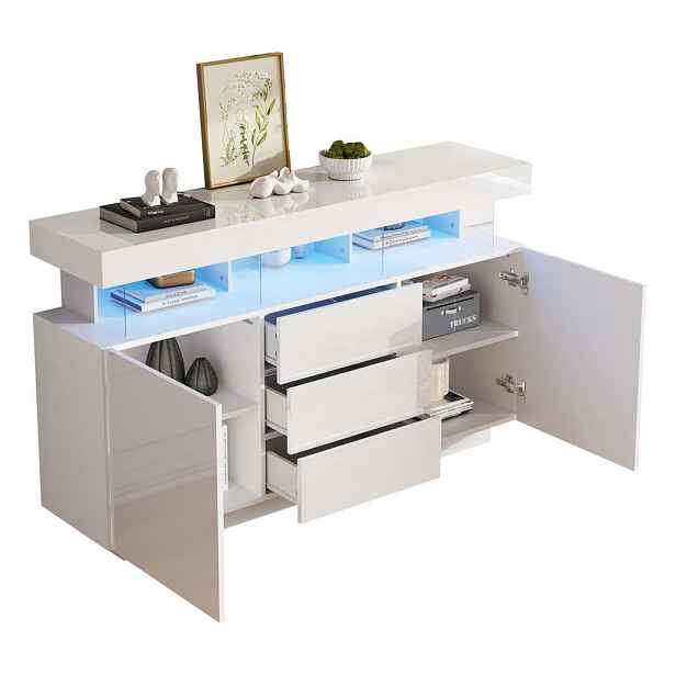 Modenvie SIDEBOARD 140/35/80 cm z dřevotřísky bílá, s LED osvětlením a 3 zásuvkami