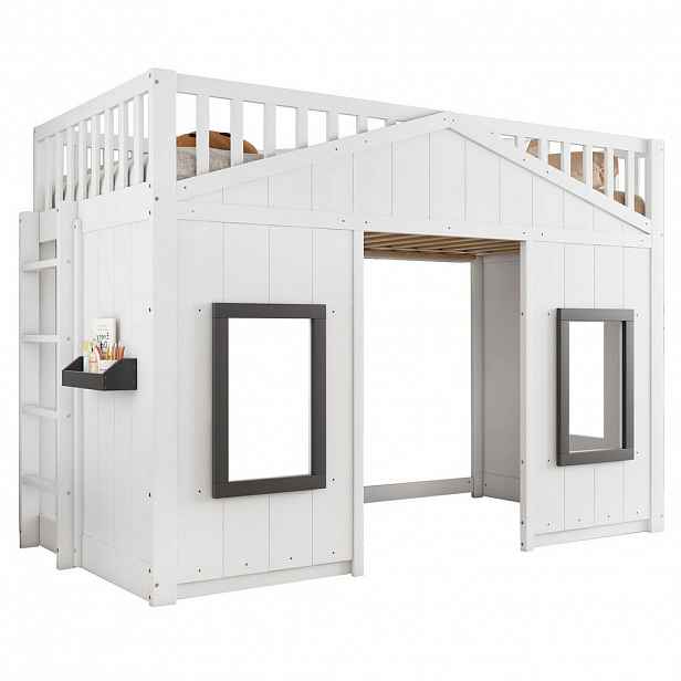 CHICFURN PATROVÁ POSTEL 90/200 cm v bílé barvě se schůdky, policí a okny