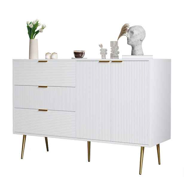 Modenvie SIDEBOARD z MDF, 120/38/80,5 cm bílý/zlatý se 3 zásuvkami a 2 dvířky