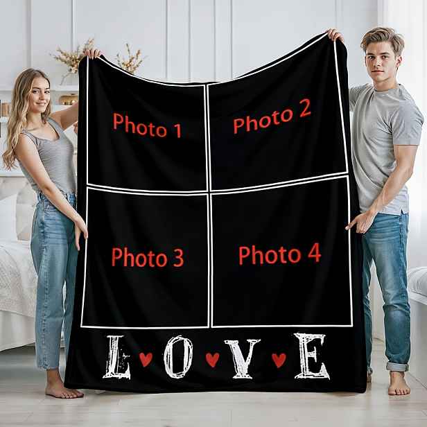TEMU 1ks Flanelová s srdce a nápisem možností vlastního potisku fotografií, personalizovaná s fotkou páru/rodiny, romantická hřejivá , ideální pro