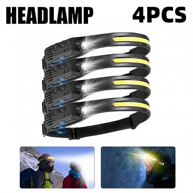 TEMU 2/4 ks LED Čelovka Nabíjecí, 6 Režimů Osvětlení s Pohybovým Senzorem, Vysoce Svítivé Čelovky na Čelo, Příslušenství pro Kempování, pro Outdoor,