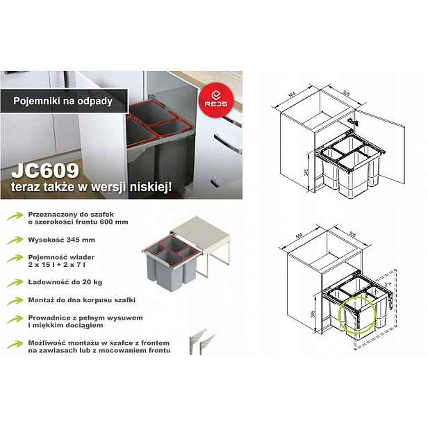 Rejs Odpadkový koš JC609 "60" (560x480x345) čtyřnásobný, stříbrný