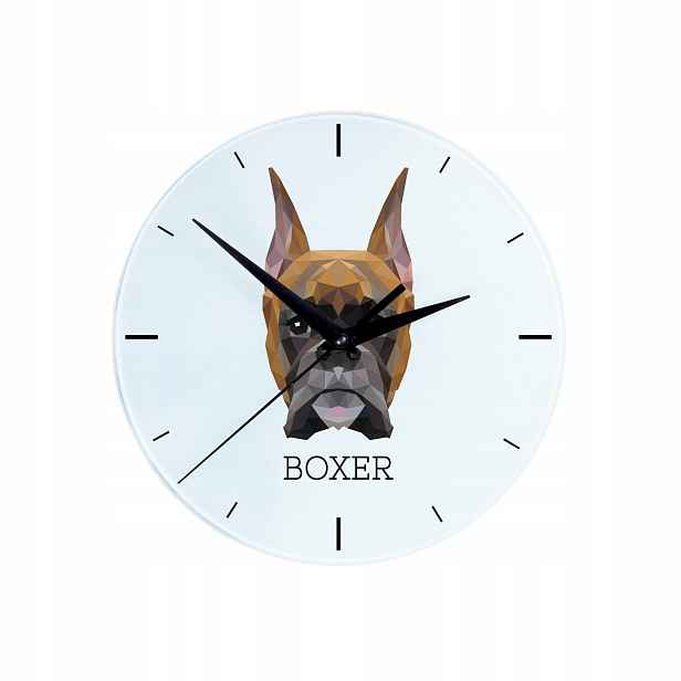 Skleněný boxer – závěsné nástěnné hodiny s geometrickým psem