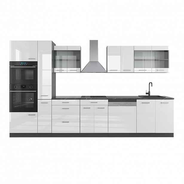 Vicco KUCHYNĚ R-Line Bílý vysoký lesk/antracit 350 cm s vysokou skříní, bez pracovní desky