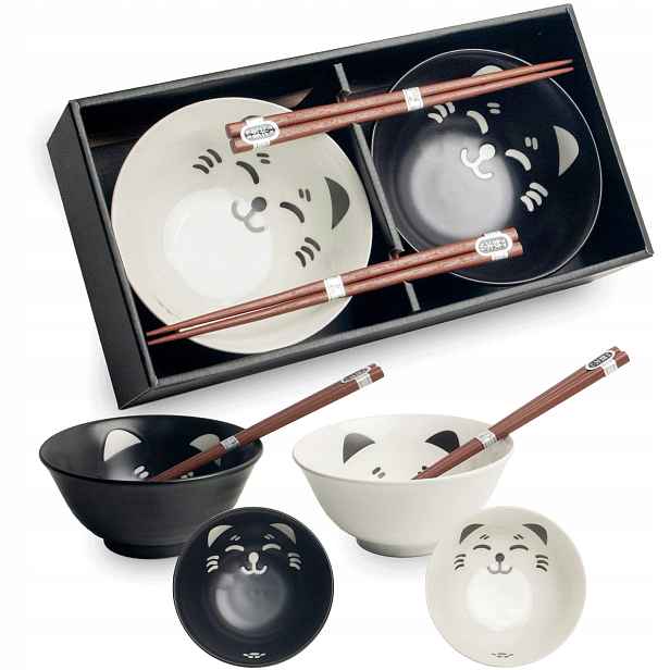 Sada Bílo-černých orientálních misek 15 cm s paličkami Kočičky Edo Japan