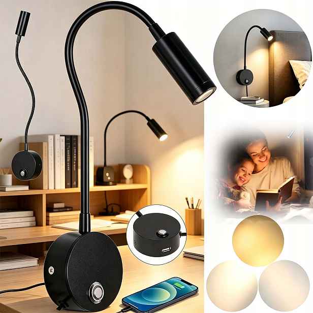 Nástěnná Lampa Led S Noční Nad Ložnici, Černá