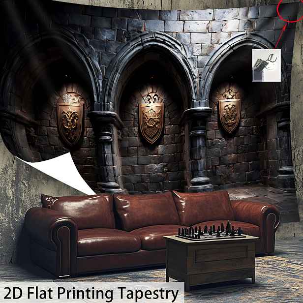 TEMU 2D plochý - [2D plochý tisk] 1 ks - Extra velká velikost - Tmavě retro kamenný obloukový hrad - HD digitální tisk Obrovský gobelín - Polyester -