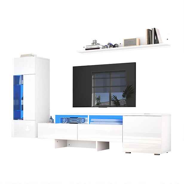 Redom TV sestava 170/35/45 cm s LED osvětlením, vysokým leskem a závěsnými prvky, Bílá