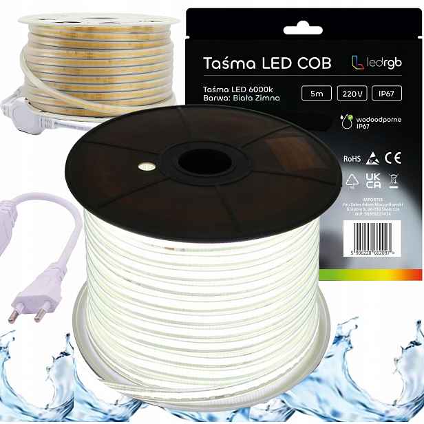 Set Led pásek Neon Cob 220V 230V 5m 6000K Bílý Studený Napájecí Zdroj IP67