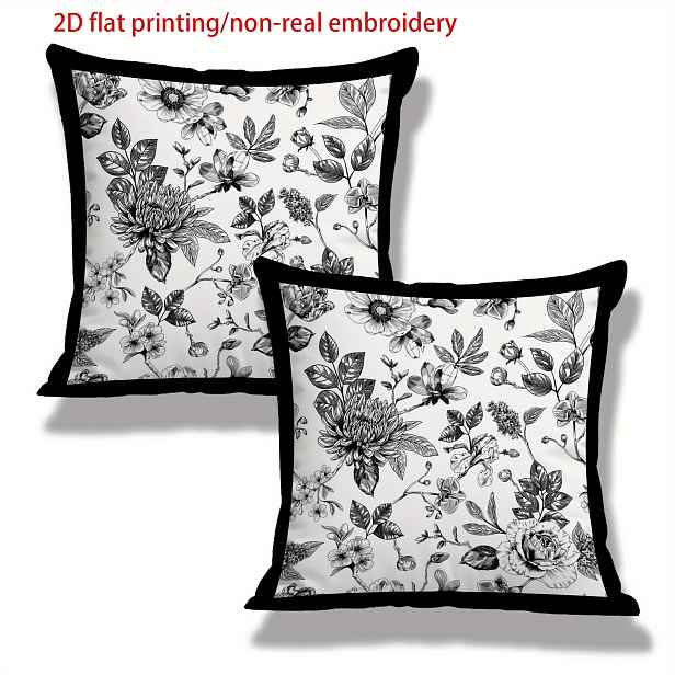 TEMU Sada 2 ks polštářových povlaků s květinovým vzorem Ink and Color Floral Posture, jednostranný tisk s bohatě vrstvenými černými, bílými a šedými