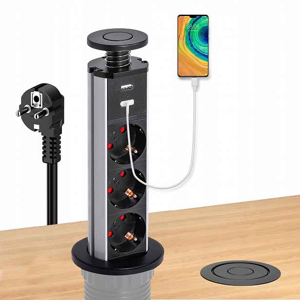Zásuvka zapuštěná do pracovní desky 3 zásuvky 2 Usb prodlužovací kabel 180 cm