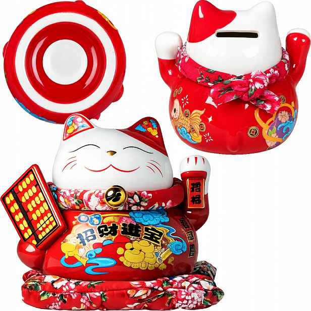 Porcelánová pokladnička Velká figurka Japonská kočka Maneki Neko Počítadlo 14 cm