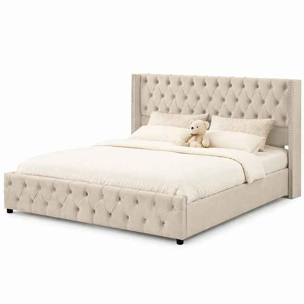 CHICFURN ČALOUNĚNÁ POSTEL 160/200 cm v béžové barvě se sametovým potahem a úložným prostorem