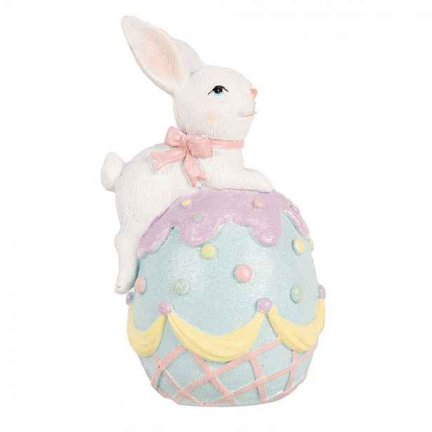 Dekorace králík s mašlí na modrém vajíčku - 9*9*17 cm Clayre & Eef