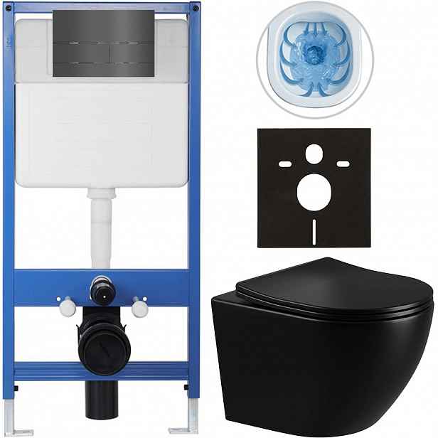 Kompletní WC set Profi/Cesso - černá lesklá - WC tlačítko Line/Tmavě šedá - předstěnová instalace - 49x36 cm