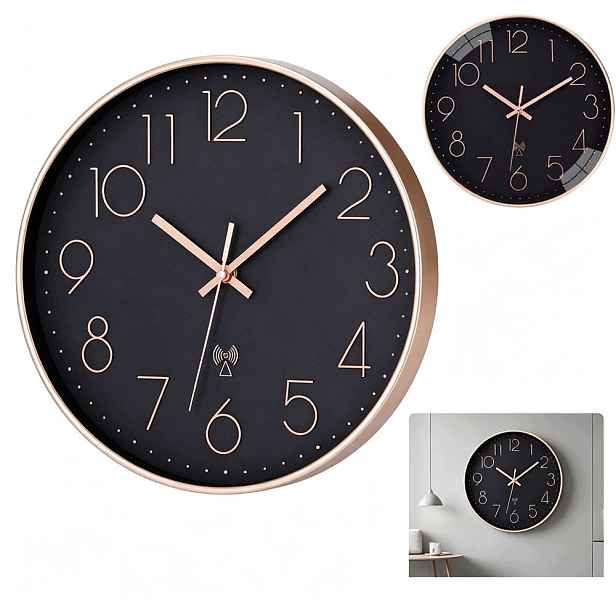 Moderní rádiový nástěnný hodinový stroj Dcf 30 cm Zlaté číslice Tiché Pvc Antracit