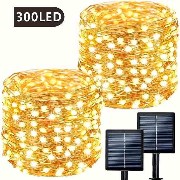 TEMU 2 balení celkem 64M/600 LED solárních venkovních světelných řetězů, venkovní solární pohádková světla, IPX4 měděný drát 8-režimová solární