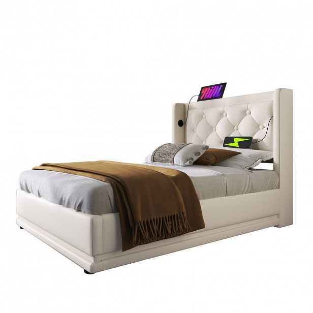 WISHDOR ČALOUNĚNÁ POSTEL 90/200 cm bílá s úložným prostorem, LED osvětlením, USB portem a Type-C