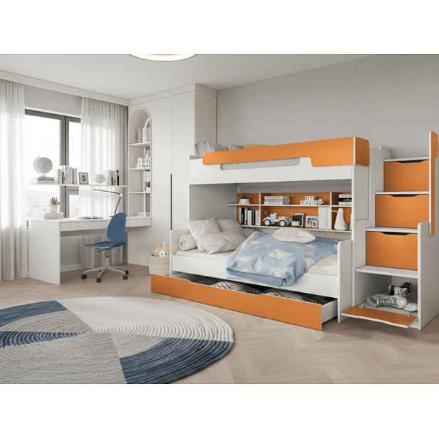 ArtBed Dětská patrová postel s roštem HARRY | bílá/oranžová 120 x 200 cm