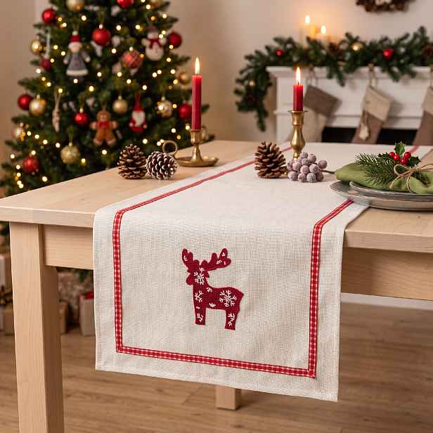 Vánoční běhoun na stůl BOXING DAY - motiv sob 35x180 cm