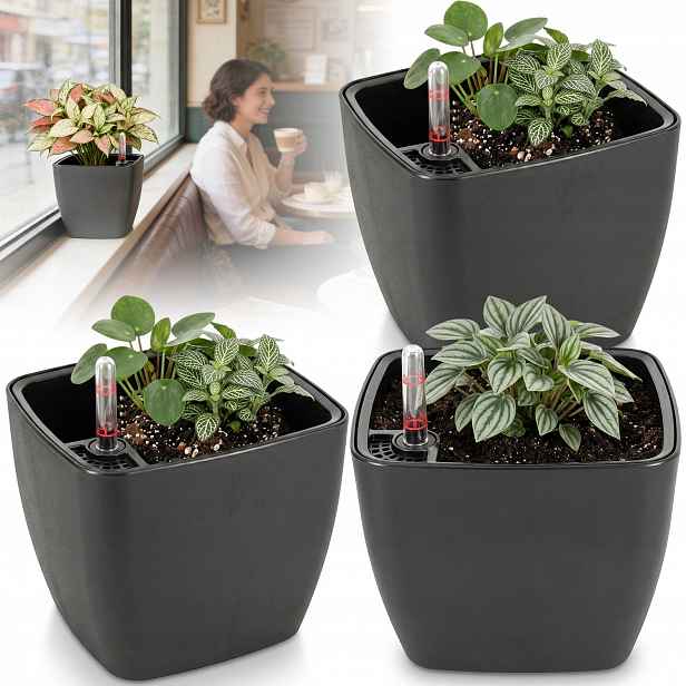3X Čtvercový Květináč Květináč 17,5 CM S Ukazatelem Hladiny Vody