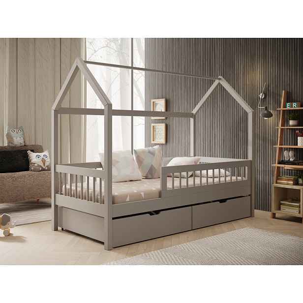Domečková postel se zábranou FEDRINA 90x200 - šedá