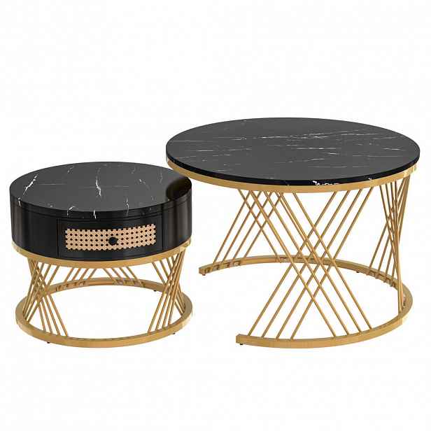 STILVORA SET KONFERENČNÍCH STOLŮ v černé a zlaté barvě se zásuvkami a mramorovým dekorem, 70×70×45,5 cm
