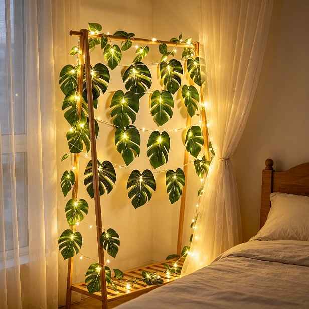TEMU 1ks (20 LED + 20 panelů s monstery) LED řetězové světla, zelené , na baterie (baterie nejsou součástí), vhodné pro zahradu, balkon, svatby,