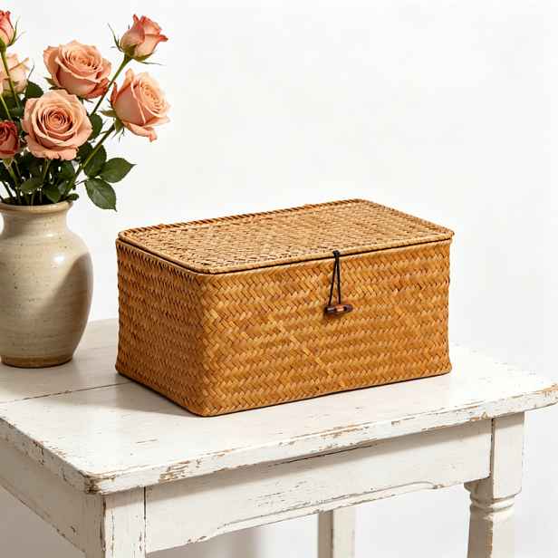 TEMU Úložný koš Plus domácnost, 11.61 X 7.68 X 4.92 palců, prodloužená verze, vintage ručně tkaný úložný koš s víkem, box na kosmetiku, stolní