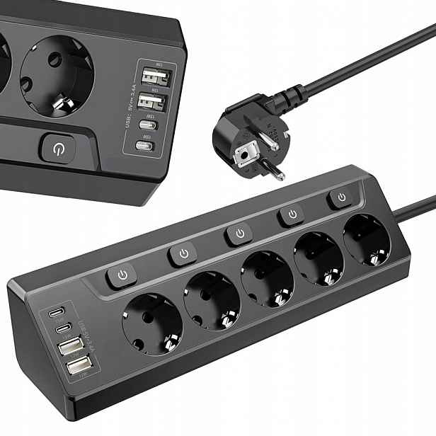 Prodlužovací Kabel Zásuvková Lišta Vypínač Černý 4x Usb 5 Zásuvek 2 m