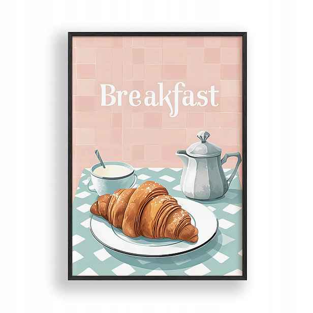 Obraz Snídaně Croissant Plakát Rámeček Dřevěný Černý 30x42 cm