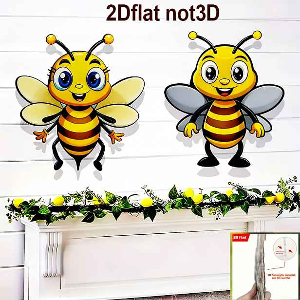 TEMU 2D Ploché, [2D Ploché] 2D Ploché, 2ks Akrylátová Včela Venkovní Nástěnná Dekorace - Živé Žluté a Černé Pruhy, Veselý Výraz, Odolná Akrylátová