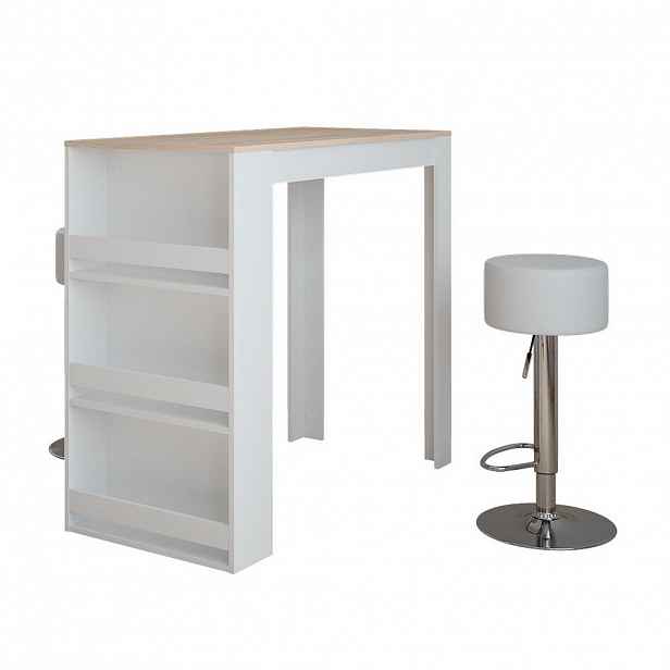 Vicco STOJACÍ BAROVÝ STŮL SE ŽIDLEMI Repose Bílá/Sonoma 57 x 117 cm se 2 barovými stoličkami
