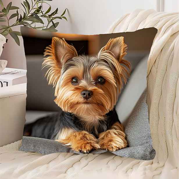TEMU Oboustranný 1ks 2D Moderní Krátký Plyšový Povlak na Polštář Yorkshire Terrier, Pratelný v Pračce se Zapínáním na Zip, Realistický Pes na Jedné