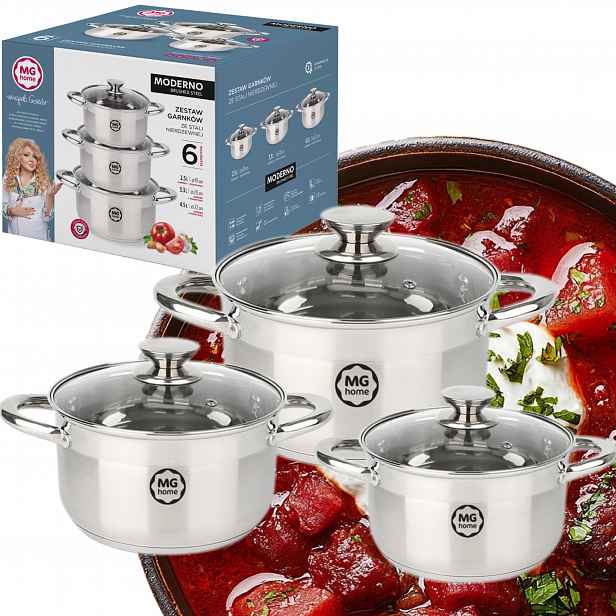 Sada 3 Hrnců 6EL Indukční Ocelové Kuchyňské Poklice Mg Home Moderno