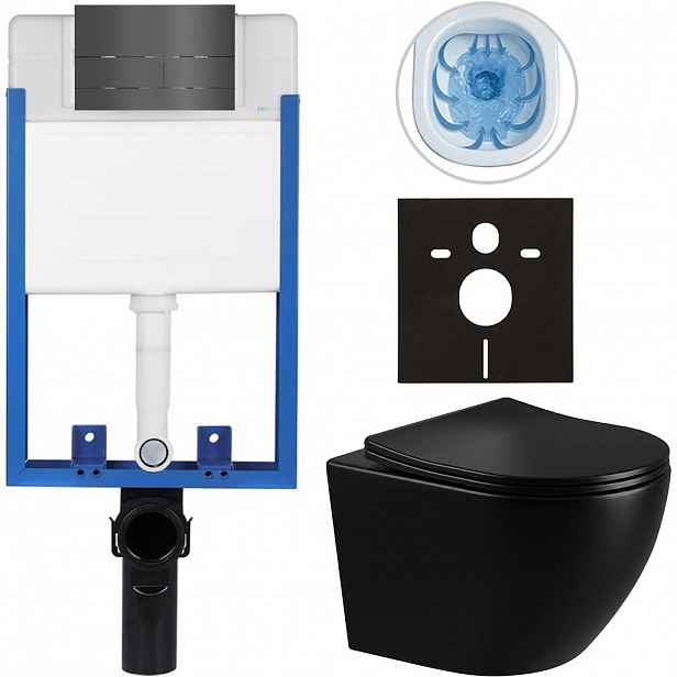 Kompletní WC set Profi/Cesso - černá lesklá - WC tlačítko Line/Tmavě šedá - pro zazdění - 49x36 cm