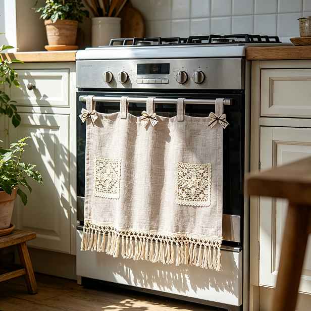 TEMU 1 Panel KMSG Boho Závěs Vhodný pro Kuchyň a Okno - Vintage Bohémské Poloviční Závěsy na Okno s Háčkovanou Kapsou na Uložení a Střapci, Závěs na
