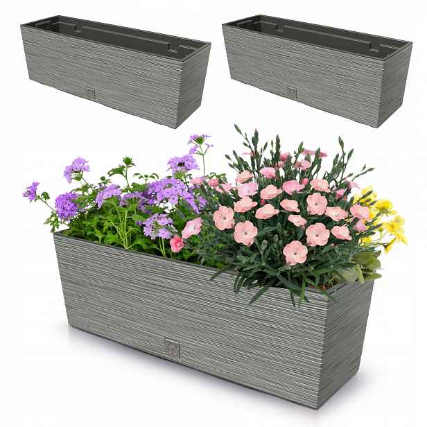 2x Květináč 18L balkonový truhlík 58x19,5 cm šedý prostorná vložka 12L