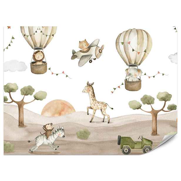 Muralo FOTOTAPETA do Dětského Pokoje Zvířátka Balóny Letadla Safari Stromy Kopce 200x140
