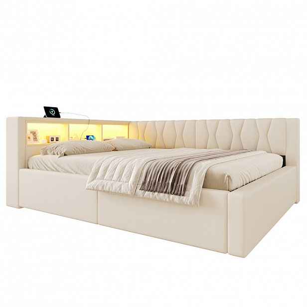 FLIEKS DENNÍ POSTEL 140x200cm Pohovka Úložná LED USB Béžová