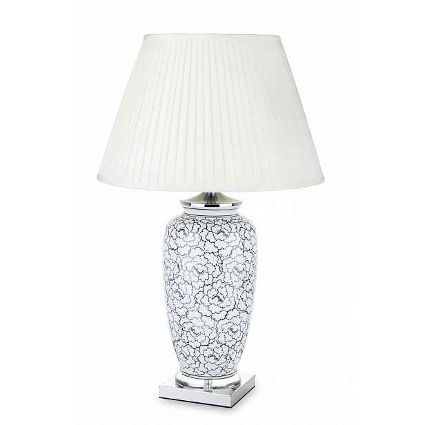 Lampa s stínítkem, plátno, modrobílé květy, stříbrná, keramická