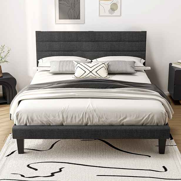 TEMU Čalouněná postel Bonnlo 90x200/140x200/160x200 cm s nastavitelným čelem, postel s dřevěným lamelovým roštem, vzhled lnu/samet/PU kůže/smyčková