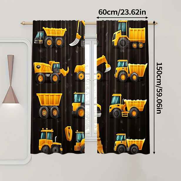 TEMU 2 ks, Celoroční Závěsy s Uměleckým , Kreslený Bagr & Nákladní Auto, Polyester, Ideální pro Kuchyni, Kavárnu, Obchod, Koupelnu, Současný Styl, S