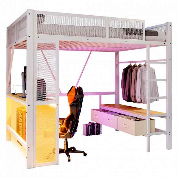 CHICFURN VYVÝŠENÁ POSTEL 140/200 cm v bílé barvě s LED, USB a psacím stolem