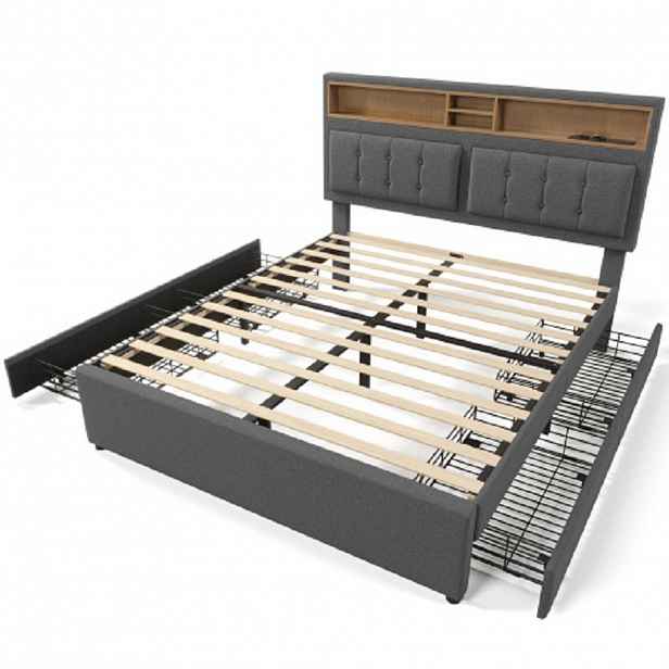 WISHDOR ČALOUNĚNÁ POSTEL 140/200 cm šedá len s 4 zásuvkami, USB portem a Type-C